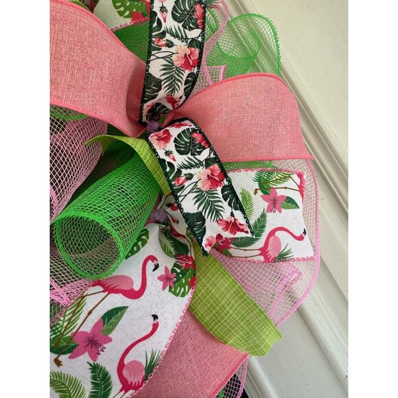 Pink Flamingo Mesh Ribbon Tropical Spring & Summer Wreath Front Door Hanger - Picture 4 of 7